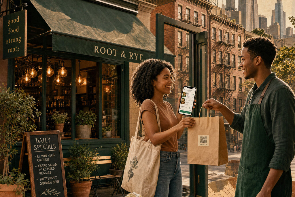 Textured paper collage of young African American adults exchanging a direct takeaway order at a neighborhood restaurant