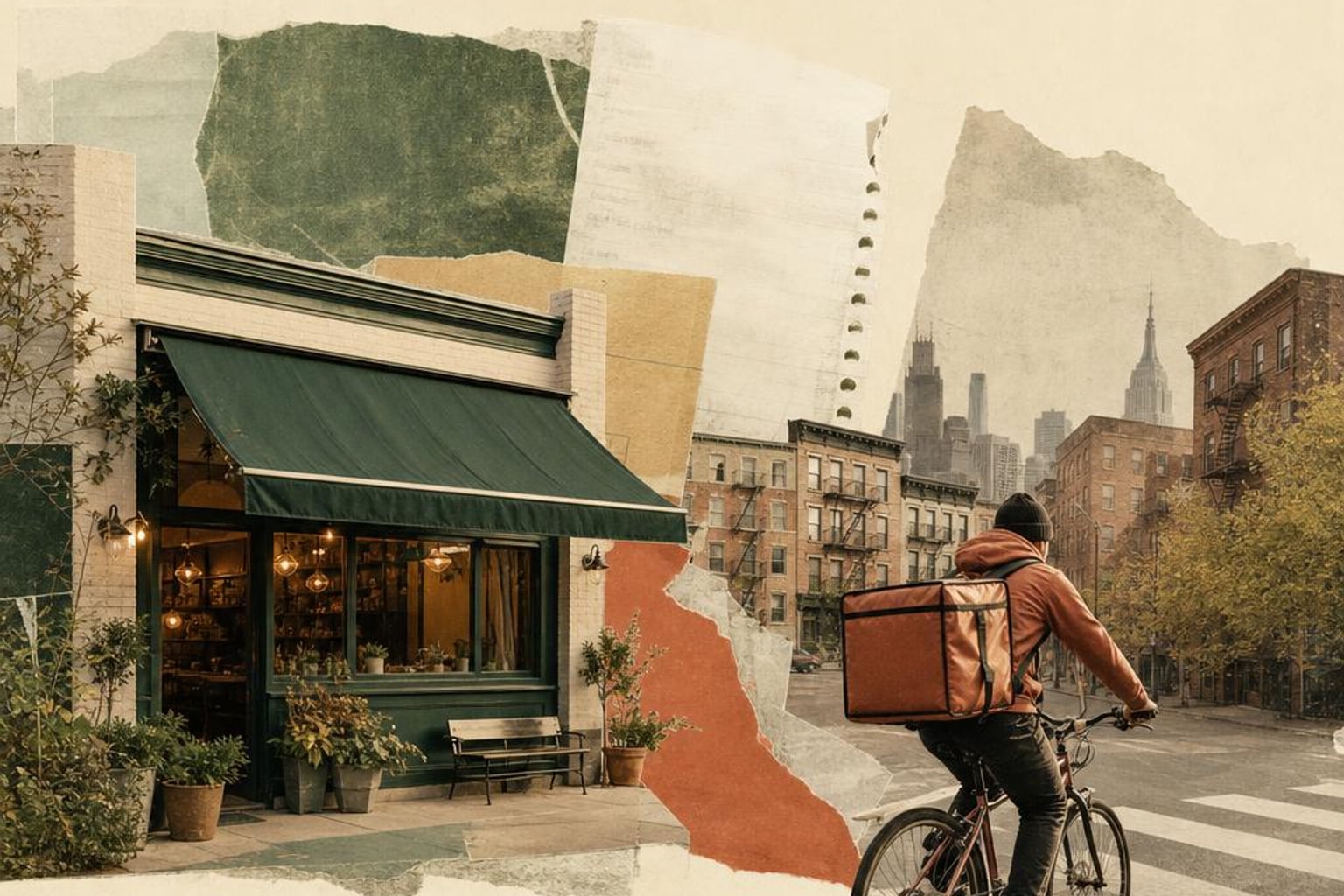 Editorial illustration of a Queens restaurant and a bicycle delivery rider