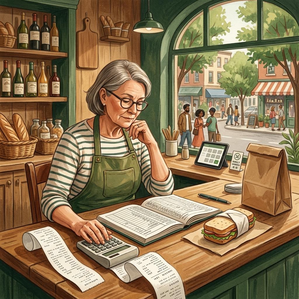 Editorial illustration of a restaurant owner reviewing an order ledger beside a calculator, receipt and takeaway meal